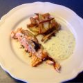 Grillad lax, hemlagade strips och gurkmajonäs