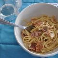 Spaghetti med Serrano, champinjoner och vitlök