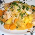 Scampi med mango i röd currysås